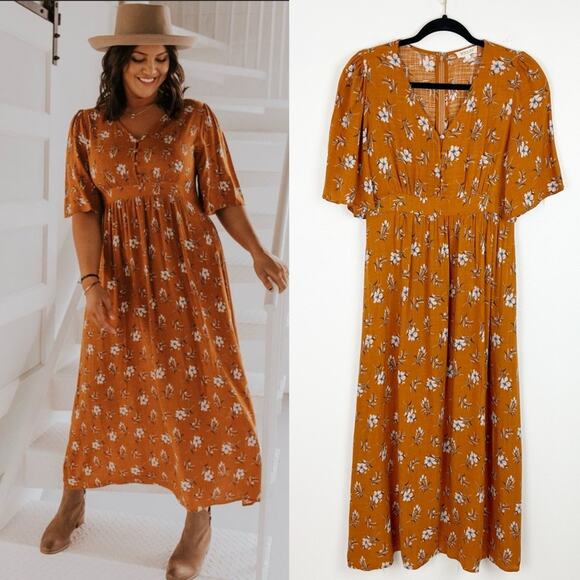 Roolee Floral Maxi Dress Empire Waist Flutter Sleeve Small Rust Orange - Picture 1 of 8